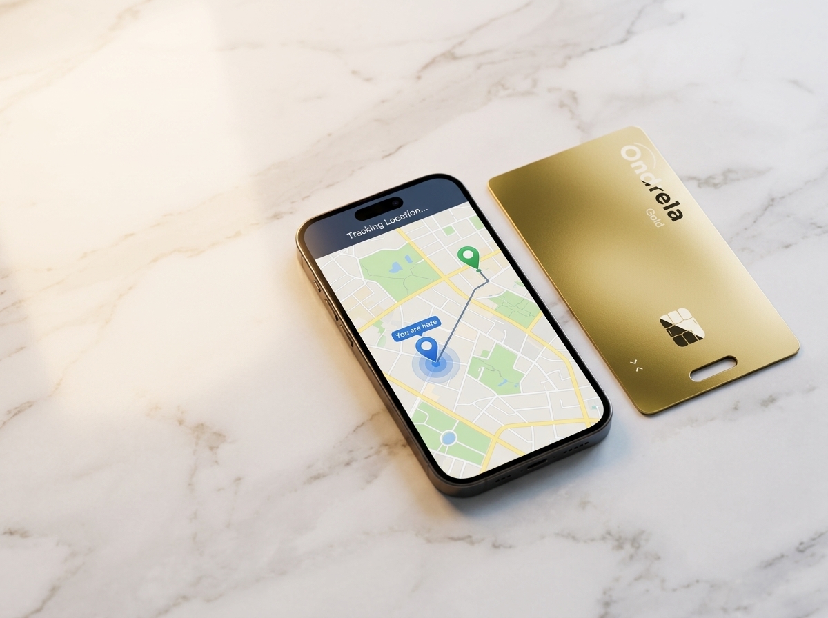 Ondrela tracker card with phone location screen