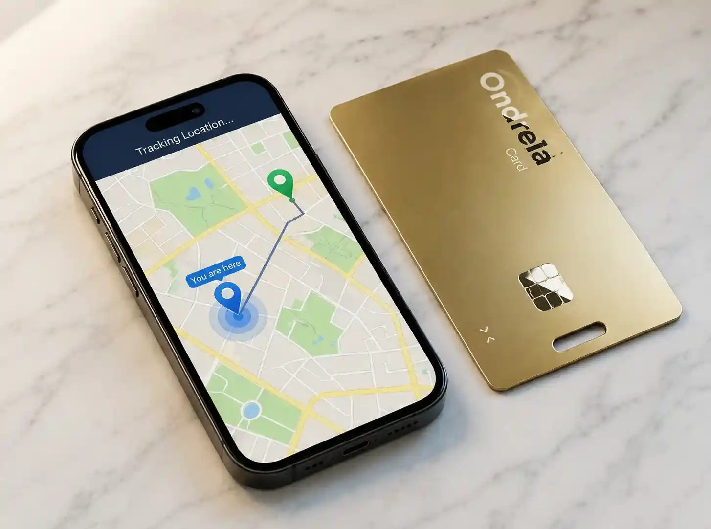 Ondrela smart tracker card beside a smartphone map